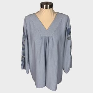 J. Jill Womens Medium Embroidered 3/4 Sleeve Blue Striped V Neck Top